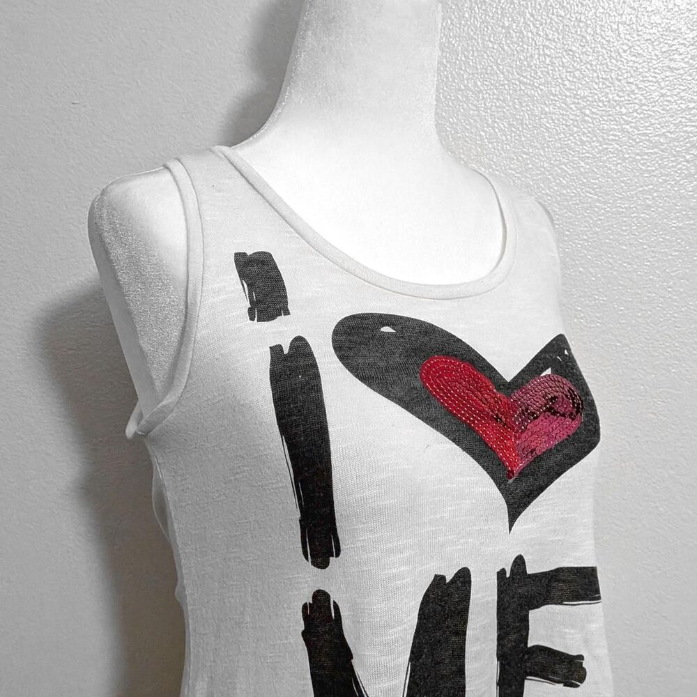 2000s Retro Doll White Y2K "I Heart Me" Sequined Graphic Tank Top | Size S - Picture 3 of 6
